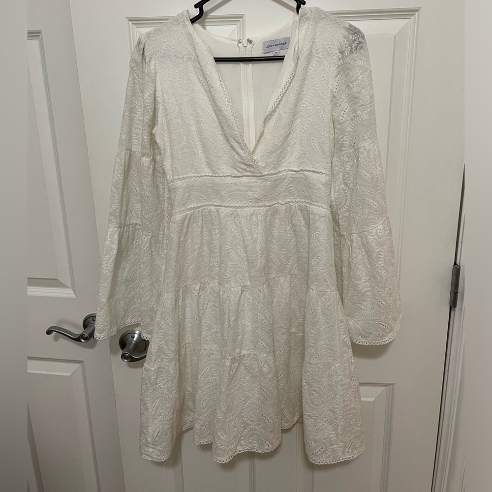 White lace long bell sleeve dress